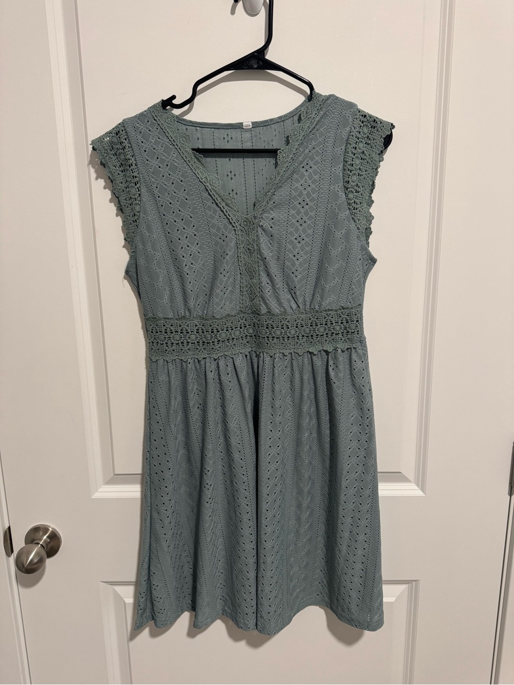Sleeveless Eyelet Mini Dress in Sage Green with Crochet Waist